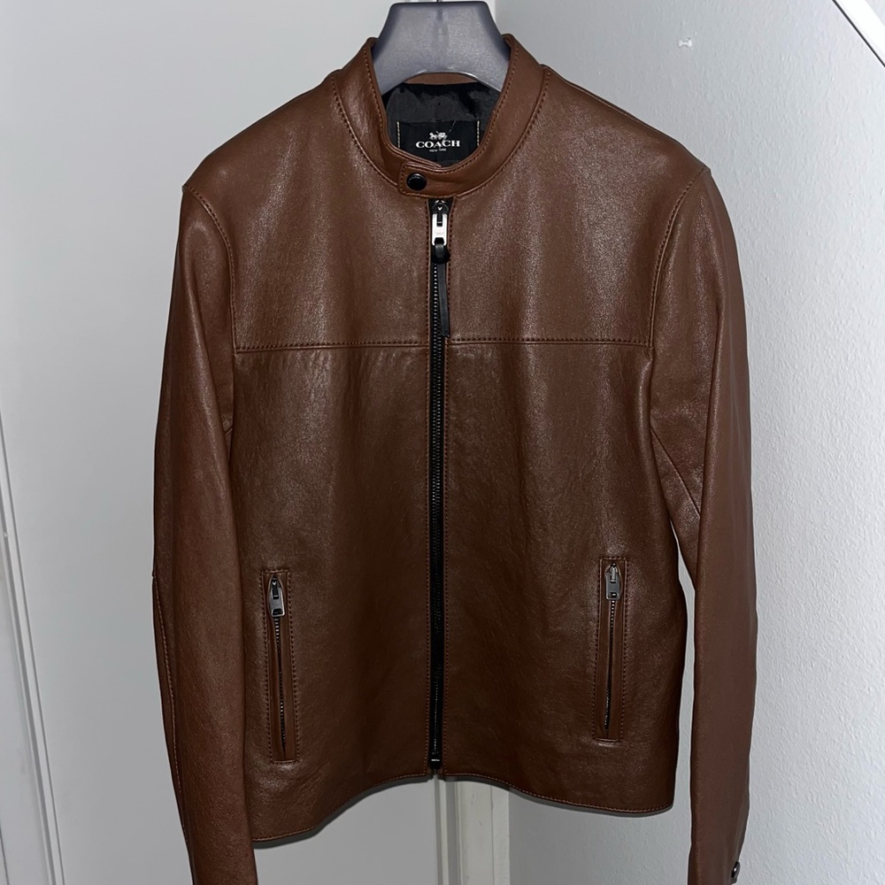 Coach Men's Brown Leather Bomber Racer Jacket Size S (Zara, AllSaints, Diesel)